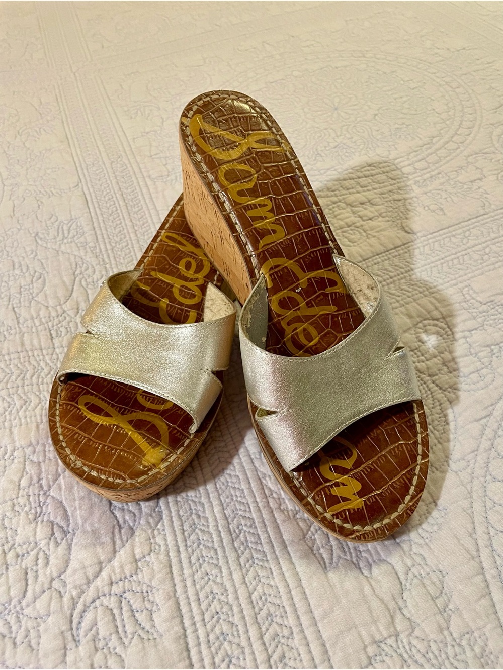 Sam Edelman Metallic Silver Cork Wedge Slide Sandals